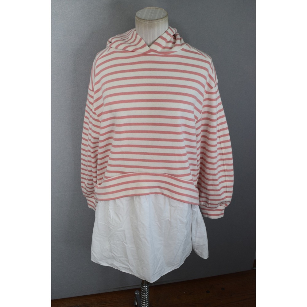 Pilcro Twofer Hoodie XXS Pink White Striped Layered Poplin Women New Oversized
